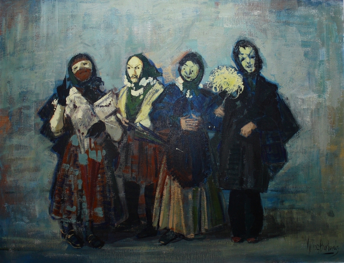 Muñoz Barberan. Murcia 1921 – 2007. Mascaras. Oleo sobre lienzo. Medidas de 116 x 90.